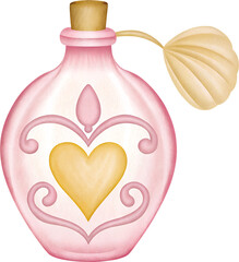 Watercolor pink perfume bottle with gold heart and puffer on transparent background. © beyouenked