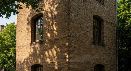 Brick building exterior with arched windows and dappled sunlight, Architecture photo