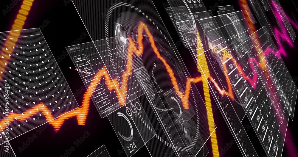 Poster waveform materializing on dark void starting ui gauge rotating rising values showing forex trends