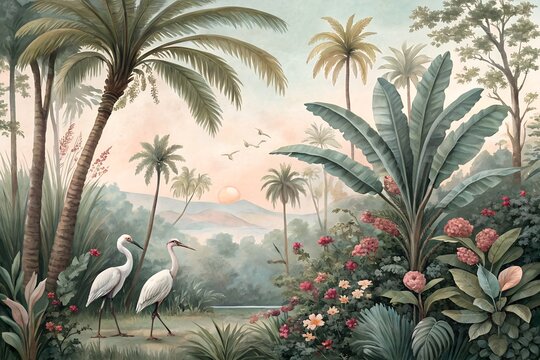 Vintage watercolor illustration of lush jungle paradise peaceful landscape