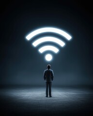 Obraz premium A businessman stands beneath a glowing wifi symbol, representing connectivity and digital access.