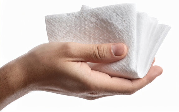 una mano sostiene una servilleta de papel, aislada, sobre fondo blanco