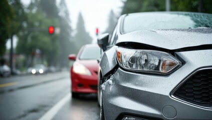 Fototapeta premium A silver car with significant front-end damage after an accident, red car behind on a rainy day. Scene of car crash.