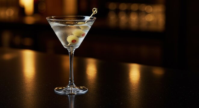 Classic Martini Cocktail with Olives on Bar Top - Photo