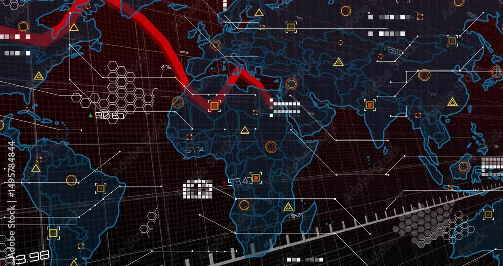 Poster dashboard showing grid zooming map expanding, red line zigzag tracing, ruler updating for metrics