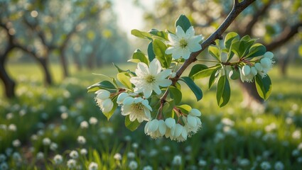 A diminutive branch of a vintage pear tree showcasing three sets of flowers