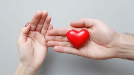 Fototapeta premium A red heart rests in a man's open hand, with a woman's hand nearby, symbolizing love and connection.