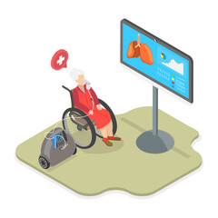 3D Isometric Flat  Illustration of Oxygen Therapy, Breathing With Oxygen Support
