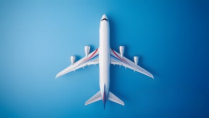 White Commercial Airplane Top View On Solid Blue Background Showing Aircraft Design With Engines And Wings