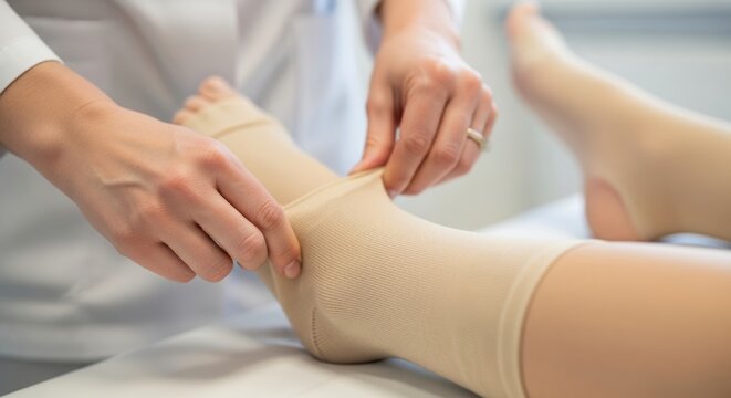 Nurse hands applying compression stockings to patient leg, Circulation care hands, Medical garment application, Limb support treatment