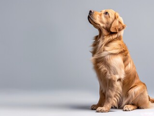 Fototapeta premium Golden retriever gazing upwards on a gray backdrop, attentive posture.