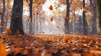 Vibrant autumn leaves covering a forest floor
