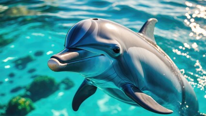 Naklejka premium Amazing intricacies in the transparent deep water. Close-up image of a gorgeous dolphin. Sunlight filtering through the clear water in the background.