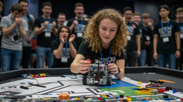 Curly-haired girl intently assembles a robot at a robotics competition, with a supportive team cheering behind, fostering stem skills and teamwork for future innovation and problem solving