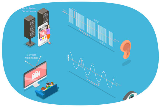 3D Isometric Flat  Illustration of Sonic and Visual Waves, Structure And Variations
