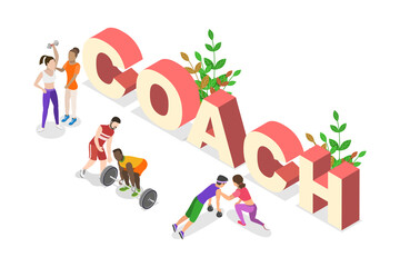 3D Isometric Flat  Illustration of Fitness Coach, Personal Trainer Workout