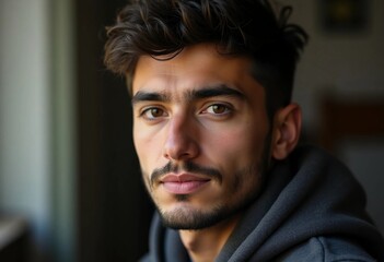 Obraz premium A young man gazes thoughtfully, capturing a moment of reflection in a warm indoor atmosphere. Sunlight softly illuminates his features, adding depth to his expression Generative AI