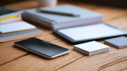 Modern Workplace Essentials: Smartphone, Tablet, and Notebooks on Wooden Desk