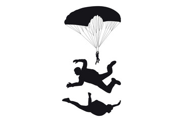 Vector art of Skydivers in silhouette isolated on white background performing extreme sports activity