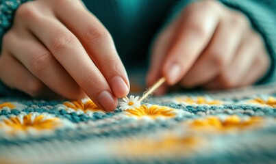 A close-up shows hands carefully placing a small daisy on a colorful, embroidered fabric. The image suggests craft and detail.
