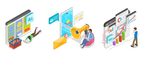 3D Isometric Flat  Illustration of ROI, AI Technologies and Financial Income Strategy