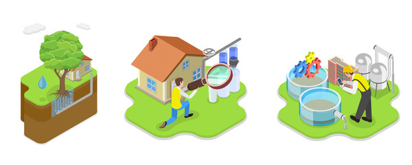 3D Isometric Flat  Illustration of Water Treatment , Discharge of Liquid Chemical Waste