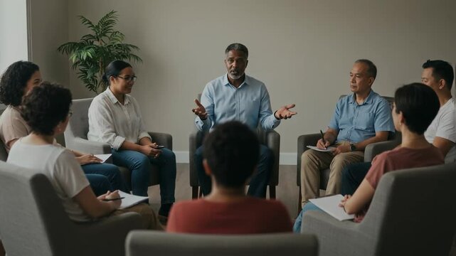 Diverse group of people participates in a group therapy session led by a mature african american man, fostering open communication and mutual support for mental health and well being