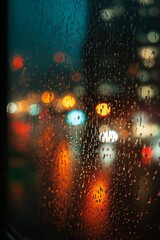 Fototapeta premium Raindrops on glass with city lights bokeh in the background.