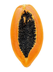Half of a papaya fruit, top view, highlighted on a white background.