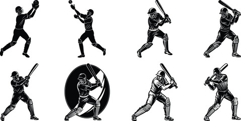 Cricket match silhouette set, Cricket Batsman Silhouettes with white background

