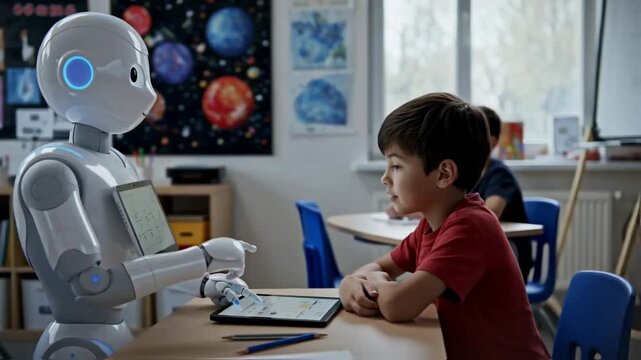 Friendly humanoid robot teacher with a tablet instructs a young boy also using a tablet in a colorful classroom, representing the future of education and ai integration in learning