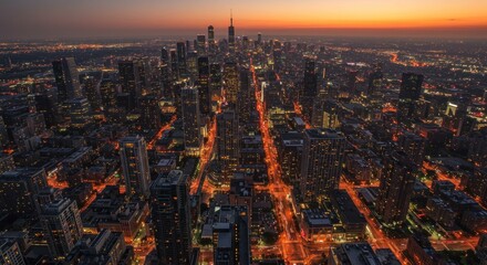 Aerial View of Chicago at Night, Cityscape Photography