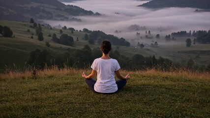 Woman sits in lotus pose meditating on a hilltop overlooking a scenic valley covered in morning fog, embodying tranquility, mindfulness and a deep connection with nature for well being
