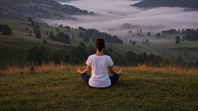 Woman sits in lotus pose meditating on a hilltop overlooking a scenic valley covered in morning fog, embodying tranquility, mindfulness and a deep connection with nature for well being