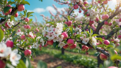 Obraz premium Sunny day in a fruit orchard with flowering apple trees in spring. Charming rural landscape.