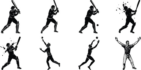 Cricket match silhouette set, Cricket Batsman Silhouettes with white background

