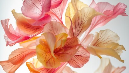 Fototapeta premium Brilliant petals in hues of pink, yellow, and orange move gracefully in an exquisite display, showcasing the complex patterns and textures present in nature, highlighted by soft illumination.