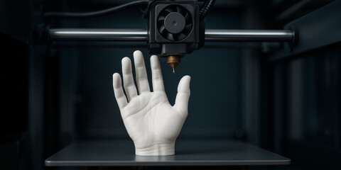 3D printer printing human hand prosthetic in modern research lab representing biomedical engineering medical technology and healthcare innovation concept