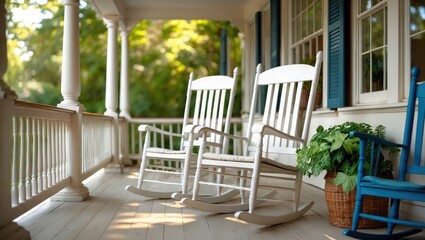 Two classic white rocking chairs are positioned invitingly on a lovely porch, with their polished wooden frames and gently curved slats contributing to the tranquil setting.