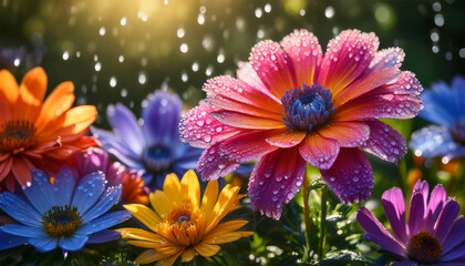 brightly colored flowers covered in sparkling droplets bloom in a lush garden the scene captures the essence of spring showcasing nature s beauty and tranquility