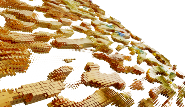 3D render of abstract gold cubes flowing, perfect for tech, data, or digital concepts.