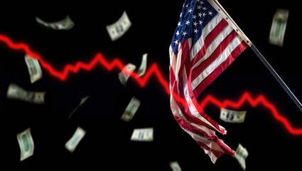 Multiple US dollar bills falling down like rain near a tattered American flag over a black background. A red downward trending stock market graph line shows economic instability, market decline