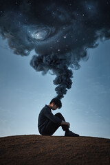 State of mind and mental health concept as a melancholic lone person seated in an open land suffers burnout. Dark smog comes out of man head and transforms into a galaxy of thoughts