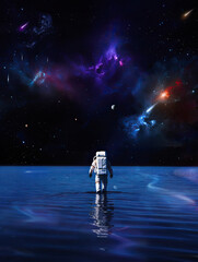 Astronaut wandering through shallow space waters under a vivid starry sky with colorful nebulae and comets. Celestial background contrasts with seascape creating a surreal, captivating scene