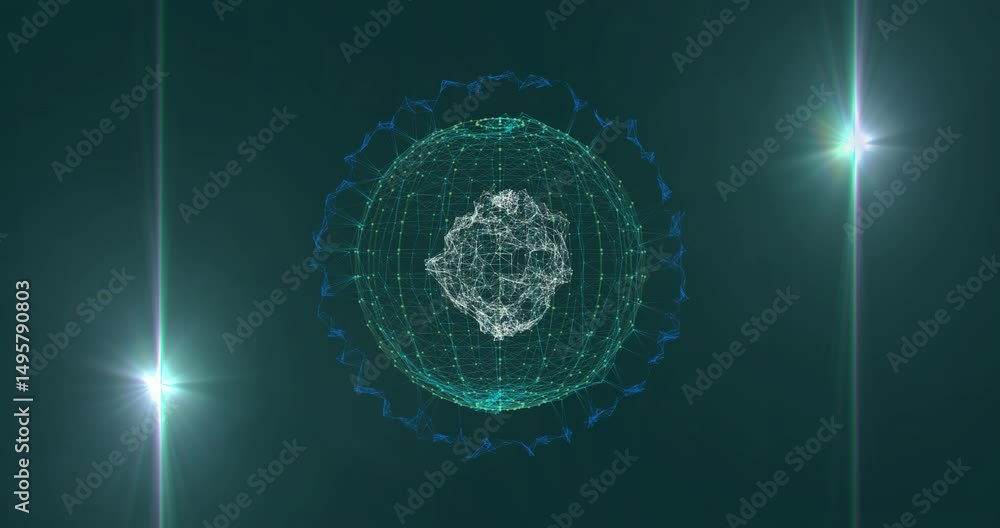 Poster wireframe sphere fading into view initiating swirling cluster and pulsing ring visualizing data