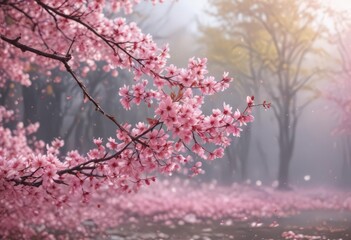Fototapeta premium Mesmerizing pink sakura petal fall, soft focus background, peaceful, digital, beauty