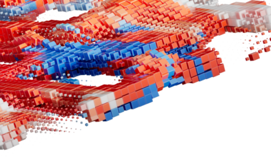 Abstract 3D Cubes Digital Art: Red, Blue, White Pixel Blocks