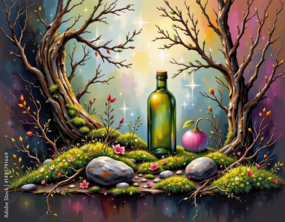 Poster gouache textured style with layered colors emphasizing moss, branches, and bottles for a painterly l