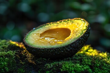 Halved avocado with seed on mossy bark