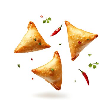 Flying samosas with chili peppers and herbs, isolated on a white background